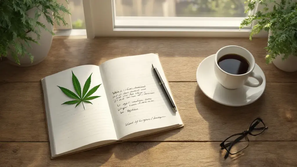 An open notebook with a green cannabis leaf on the page, a black fountain pen, and a cup of coffee on a sunlit wooden desk