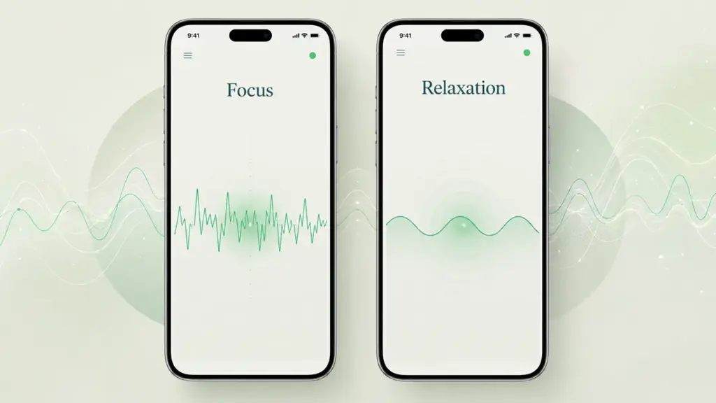 Two side-by-side phone screens showing focus and relaxation protocols — alt: “Meditation headband app showing two modes: focus training and relaxation training