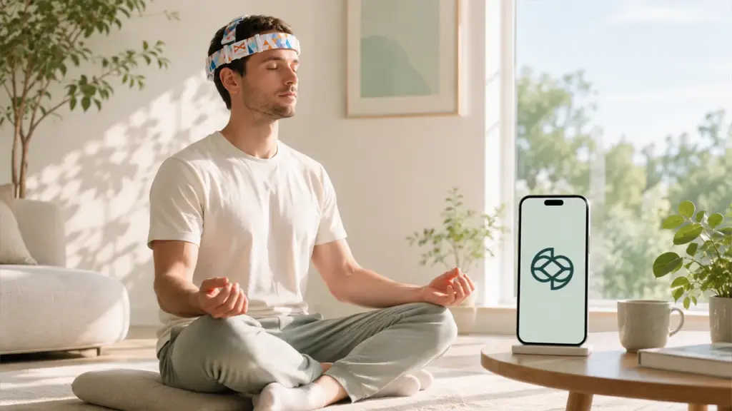 User wearing a meditation headband for real-time EEG feedback during a session