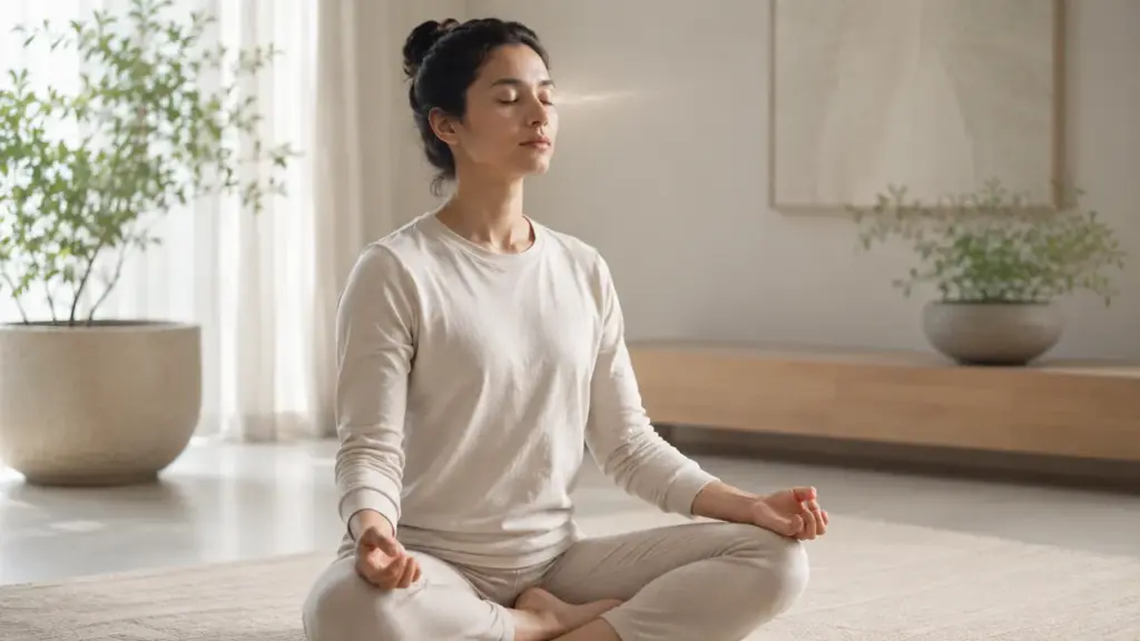 Practitioner in focused attention meditation with quiet, engaged attention