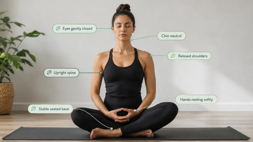 Correct meditation posture: upright spine, relaxed shoulders, eyes gently closed