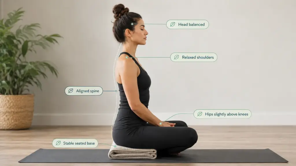 Diagram of correct meditation posture showing aligned spine and hip-above-knee position