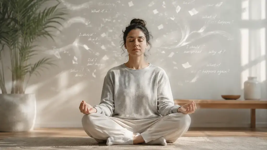 Person handling intrusive thoughts during meditation with calm awareness