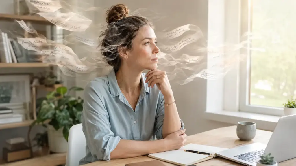 Person handling intrusive thoughts during meditation with calm awareness