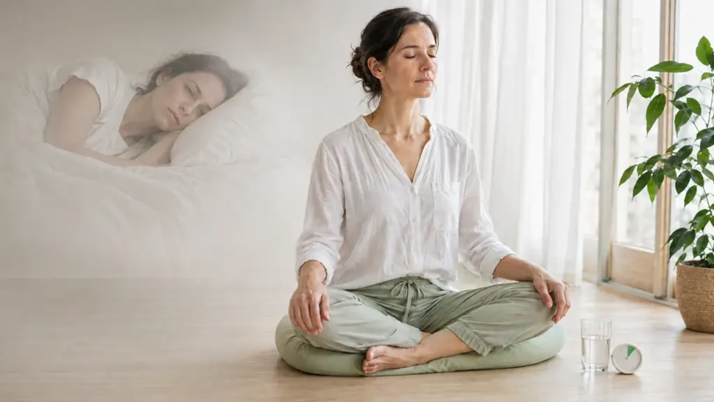 Meditation when tired a woman meditates beside a faded memory of a restless night’s sleep