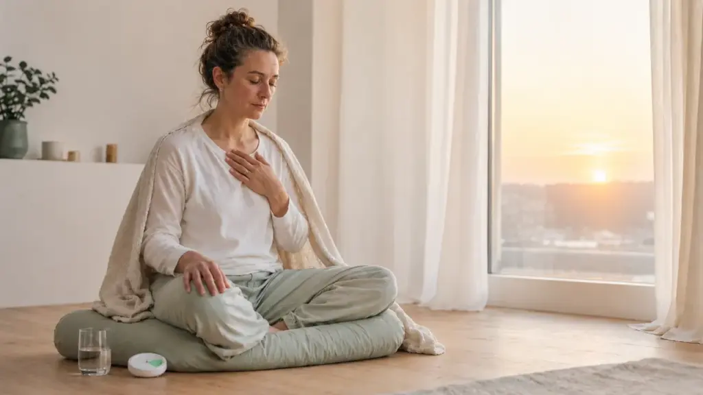 Person practising meditation when tired with self-compassion and adjusted expectations