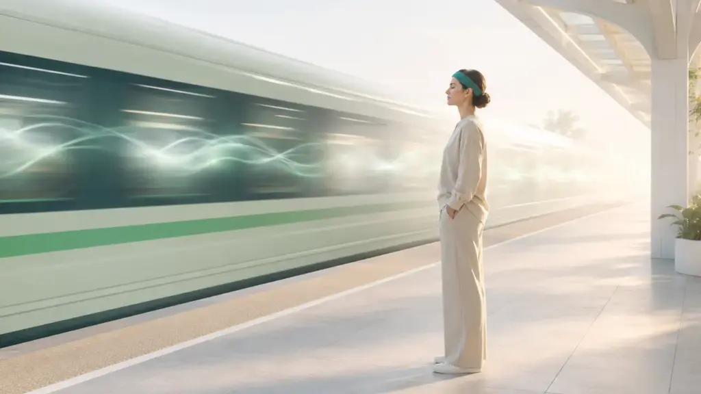 Visual metaphor for racing thoughts meditation: stepping off the thought train
