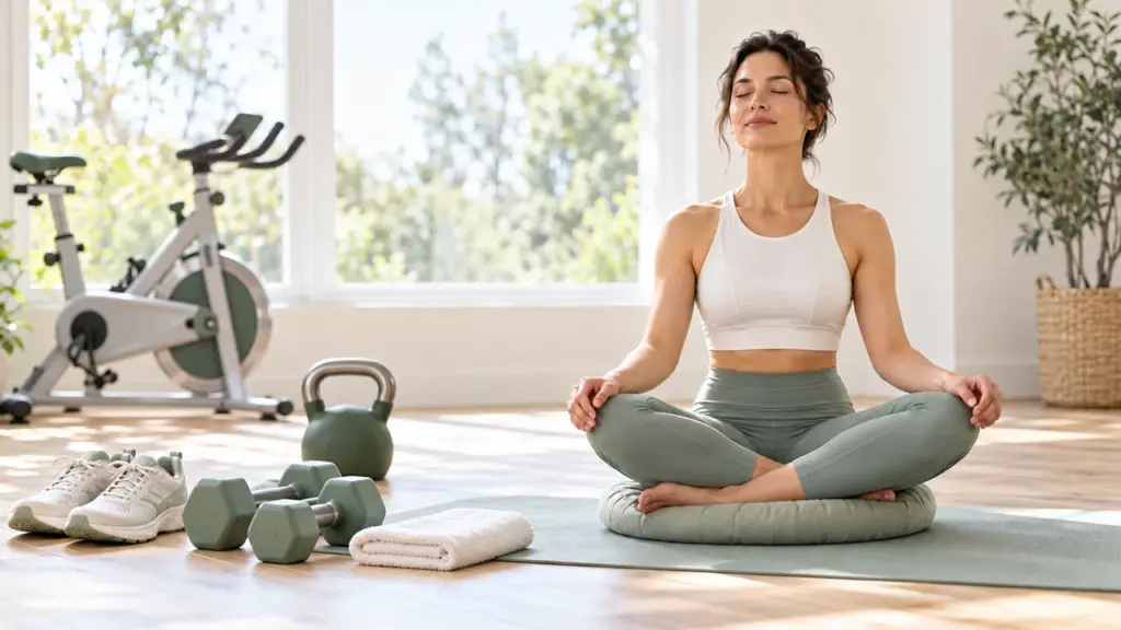 Woman meditating beside running shoes and dumbbells in a bright room